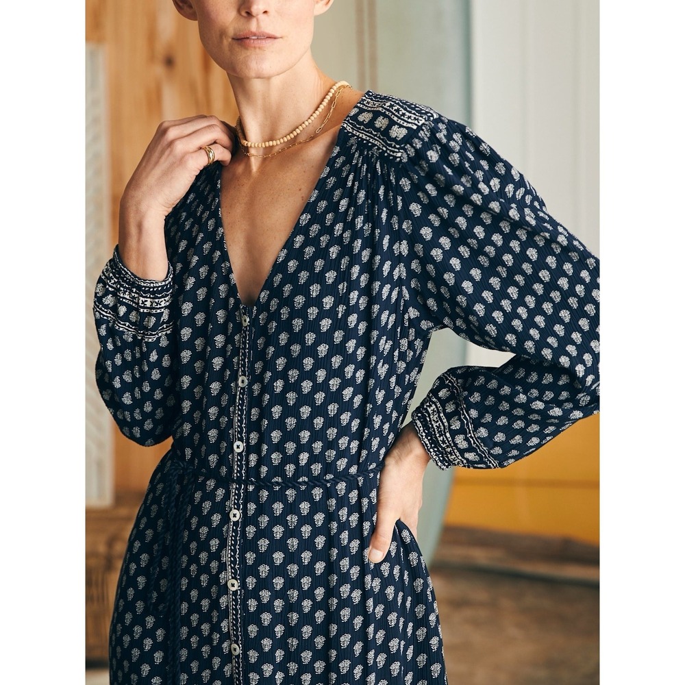 Faherty Orinda Long Sleeve Maxi Dress in navy blue and white. Sz S - Picture 2 of 16